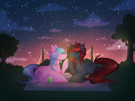 a pink earth pony with blue and purple hair is touching hooves with a grey unicorn with red shaggy hair. they look happy & content. the background is a park at dusk. they’re having a picnic. there’s a green drink in a clear to-go cup next to the earth pony